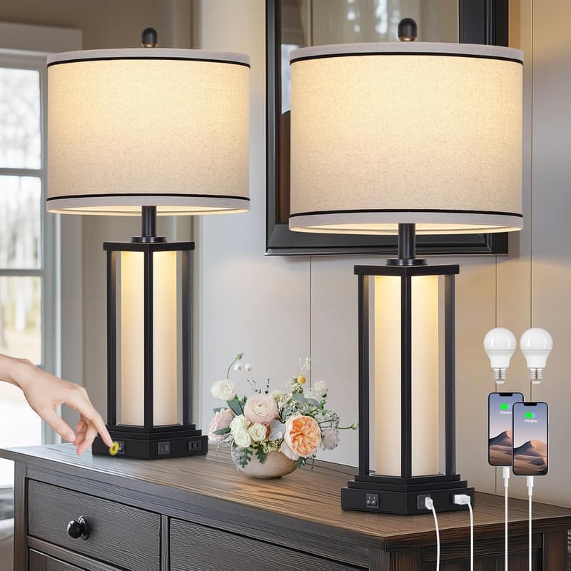 Vintage Industrial Table Lamp Set of 2 with USB & Outlet