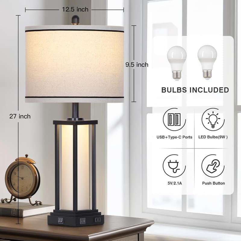 Vintage Industrial Table Lamp Set of 2 with USB & Outlet
