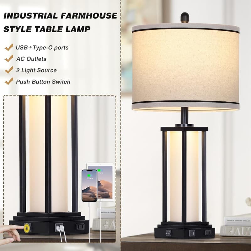 Vintage Industrial Table Lamp Set of 2 with USB & Outlet