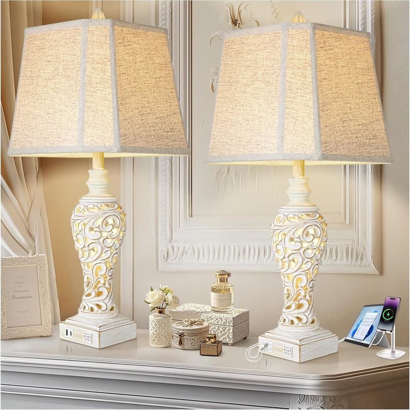 Vintage Farmhouse Table Lamps with USB Ports - Set of 2