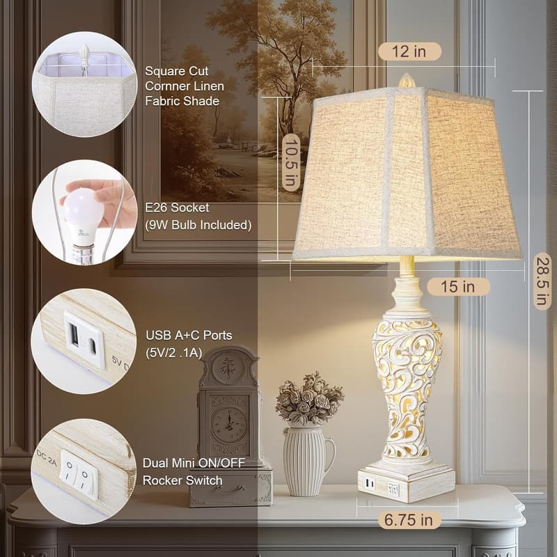 Vintage Farmhouse Table Lamps with USB Ports - Set of 2
