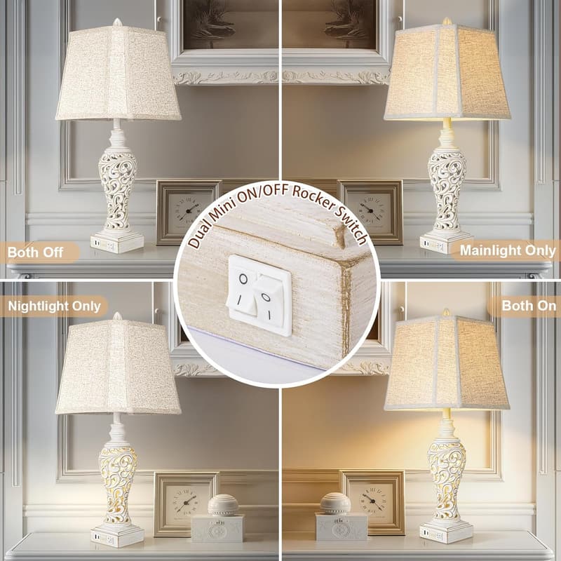 Vintage Farmhouse Table Lamps with USB Ports - Set of 2
