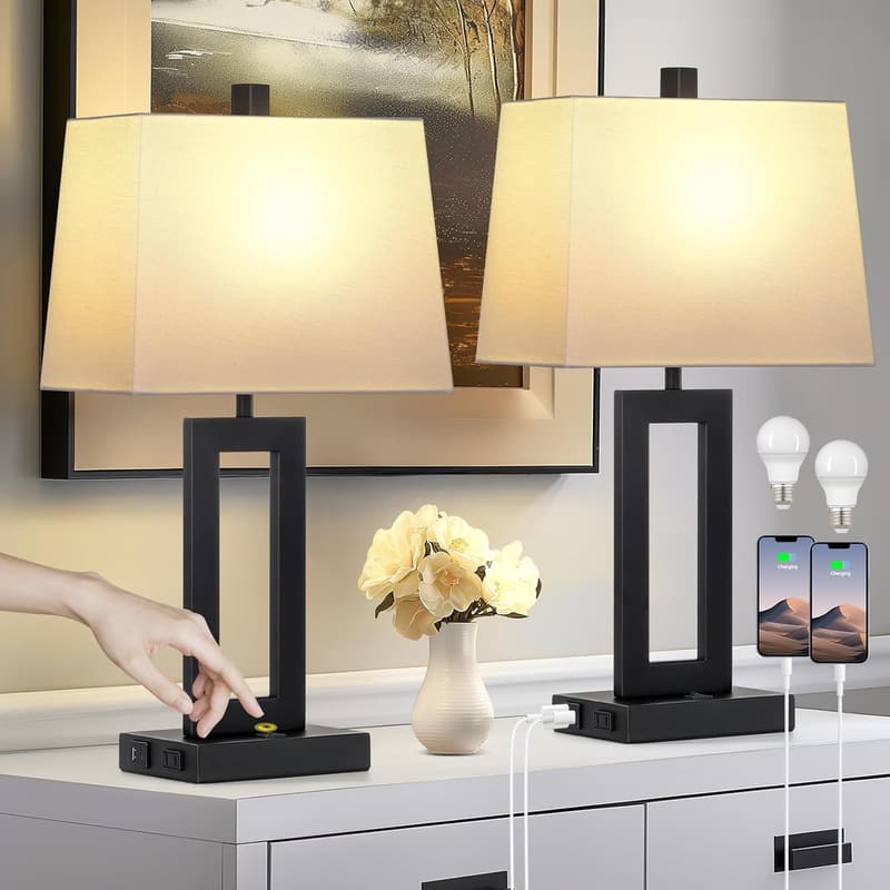Modern Black Bedside Lamp Set of 2 with USB Ports
