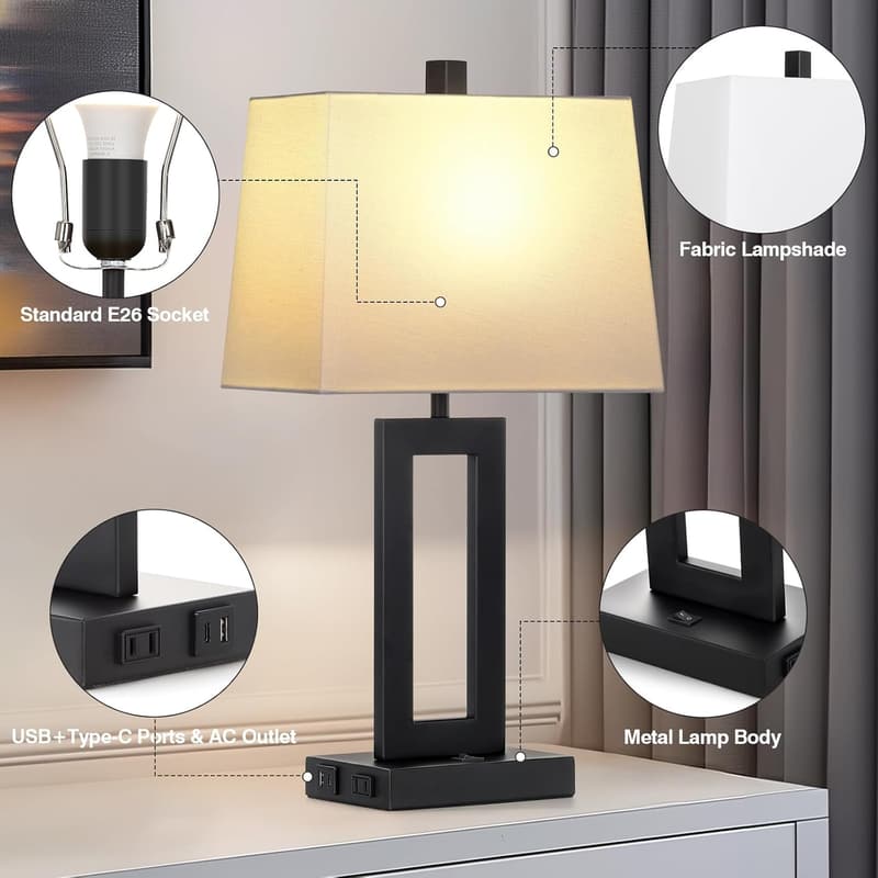 Modern Black Bedside Lamp Set of 2 with USB Ports