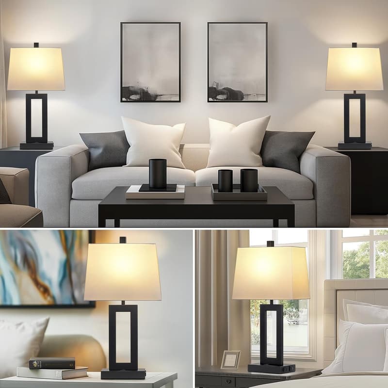 Modern Black Bedside Lamp Set of 2 with USB Ports