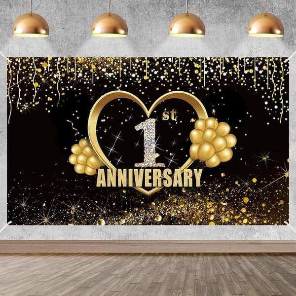 1st Anniversary Extra Large Banner - Gold Wedding Decor (6 x 3.6ft)