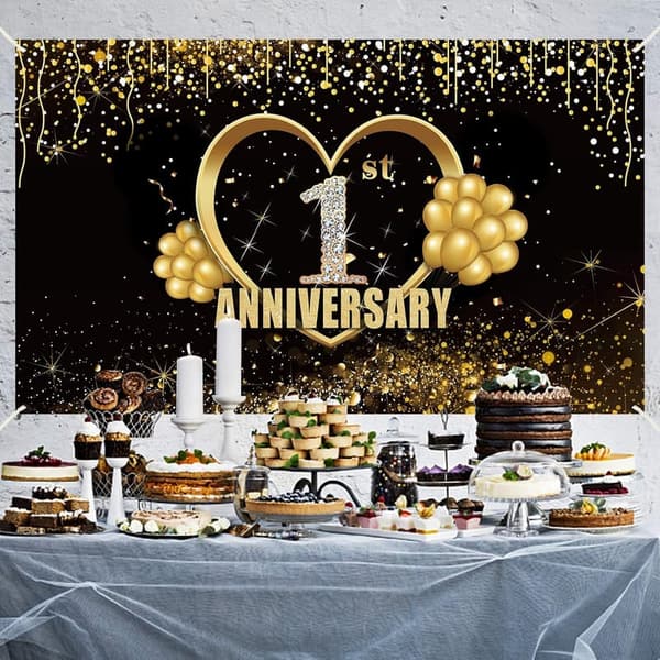 1st Anniversary Extra Large Banner - Gold Wedding Decor (6 x 3.6ft)