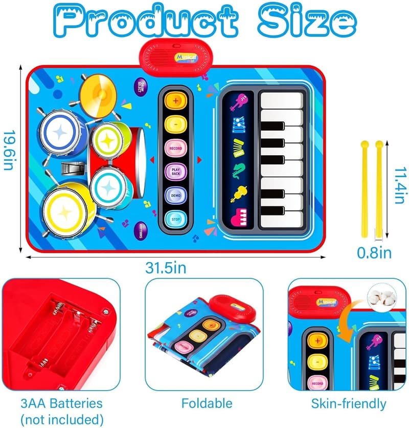 Musical Play Mat for 1-2 Year Olds - 2-in-1 Piano Drum Toy