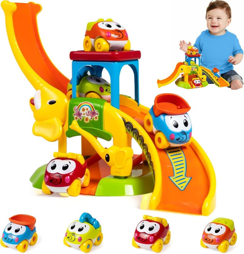 Educational Elephant Slide Toy with Animal Cars for Toddlers
