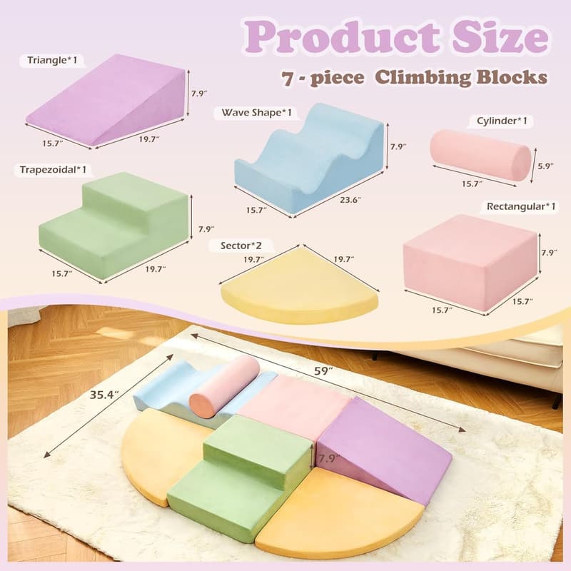 Indoor Toddler Climbing Blocks Set - 7-Piece Soft Foam Gym