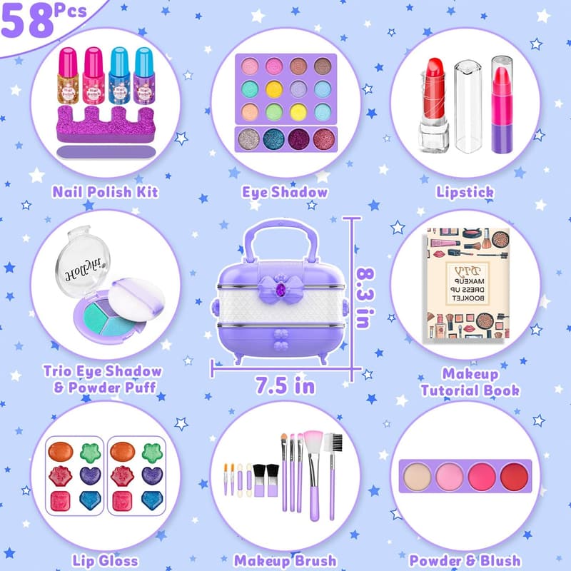 Kids Makeup Kit - 58 Pcs Washable Cosmetic Set for Girls