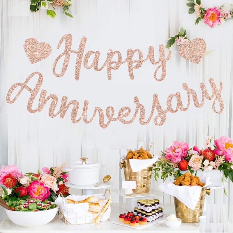 Rose Gold Happy Anniversary Banner – Pre-Strung Garland Décor