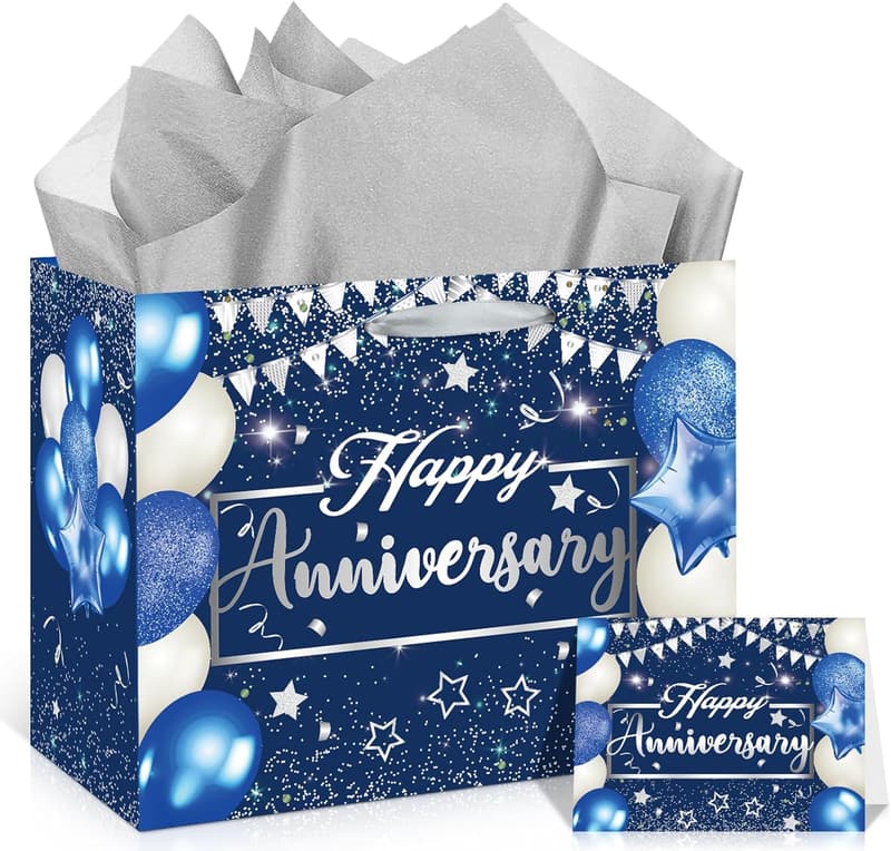 Blue Silver Anniversary Gift Bag with Tissue & Card - 11.8''