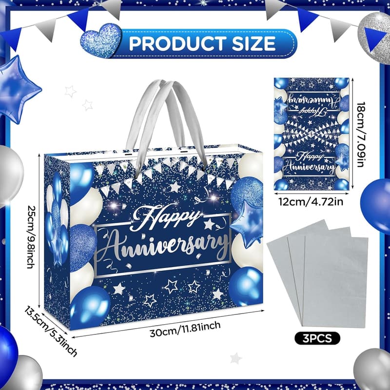 Blue Silver Anniversary Gift Bag with Tissue & Card - 11.8''