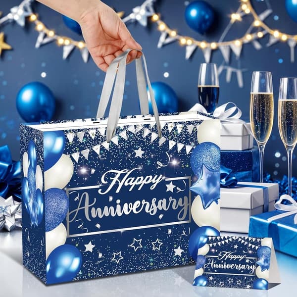 Blue Silver Anniversary Gift Bag with Tissue & Card - 11.8''