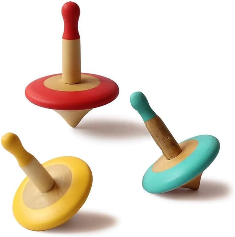 Montessori Wooden Spinning Tops Set for Kids, 3 Pack