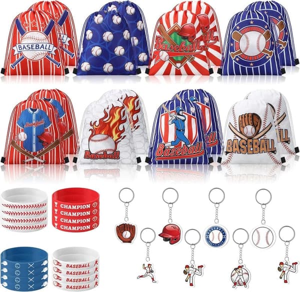 Baseball Birthday Party Favor Set with Drawstring Backpacks & Treats