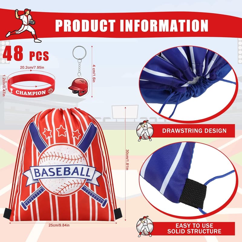 Baseball Birthday Party Favor Set with Drawstring Backpacks & Treats