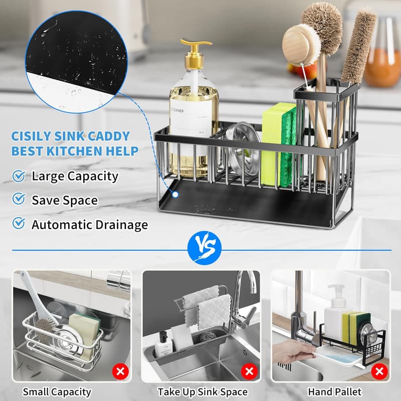 Stainless Steel Sink Caddy Organizer with Brush Holder