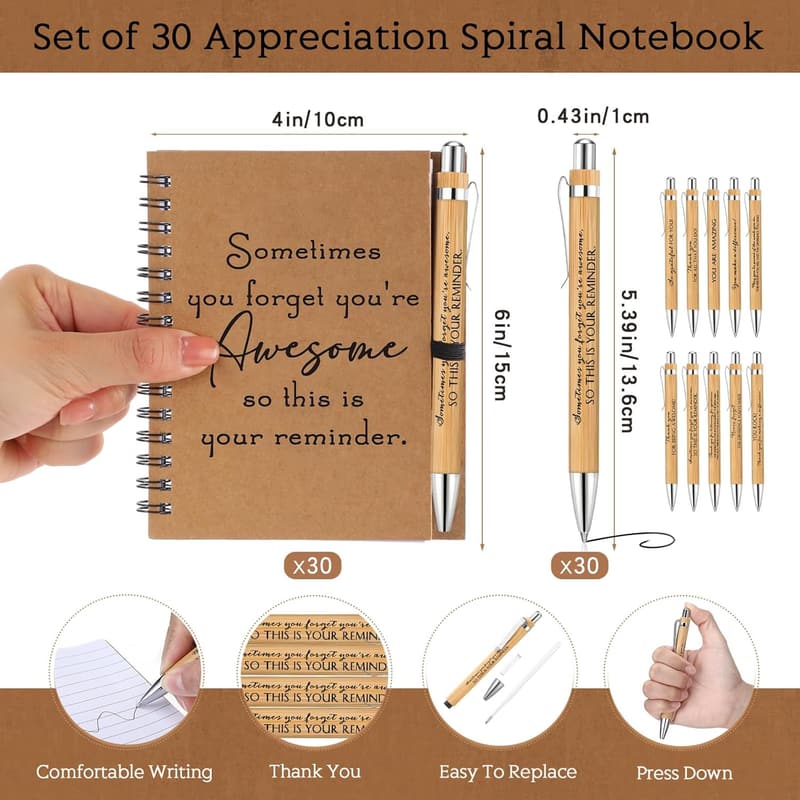 Employee Appreciation Spiral Notebook Set with Bamboo Pens
