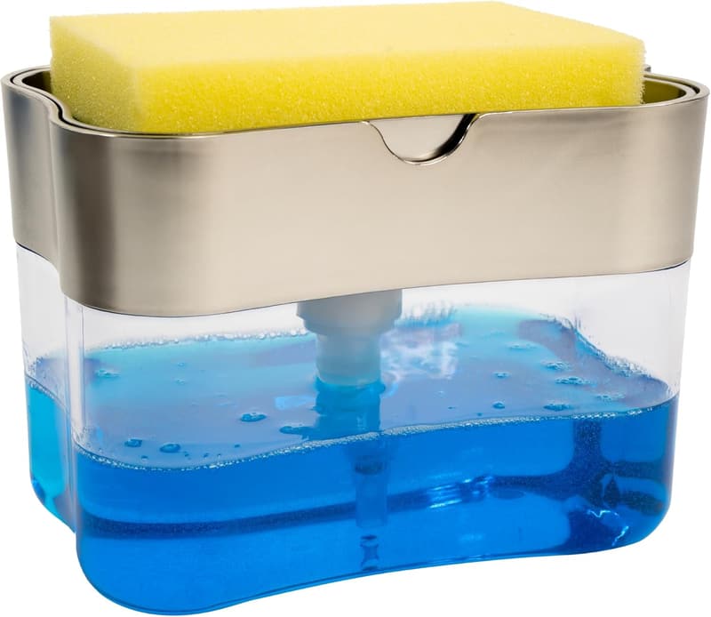 Metallic Silver Dish Soap Dispenser with Sponge Holder, 13 oz