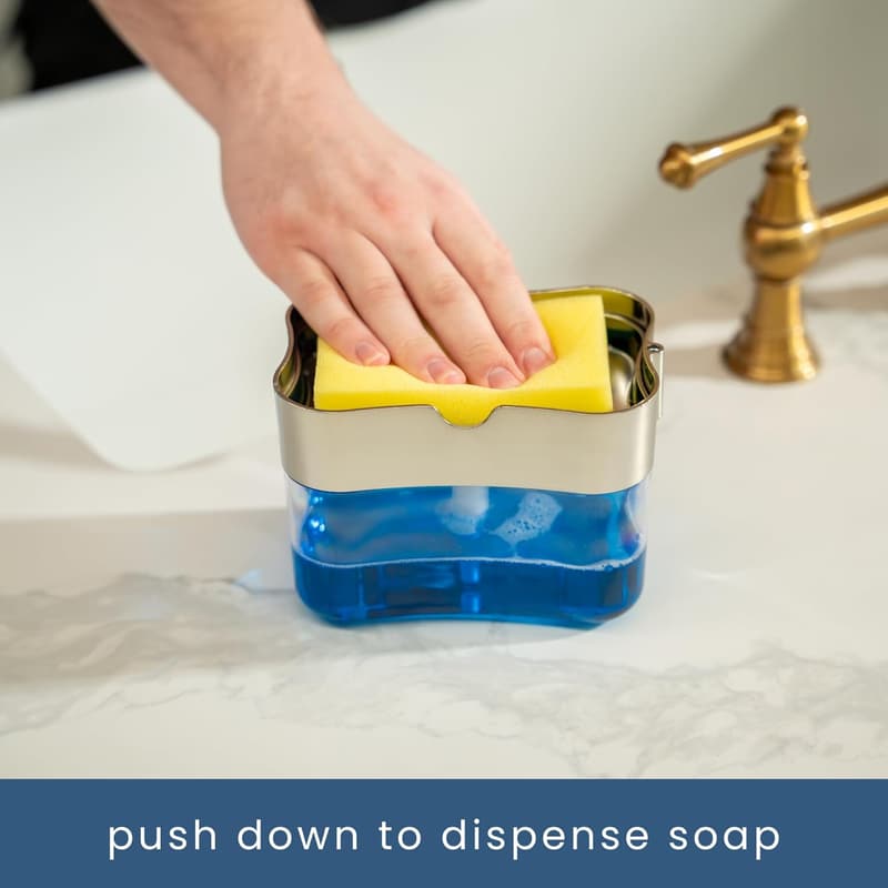 Metallic Silver Dish Soap Dispenser with Sponge Holder, 13 oz