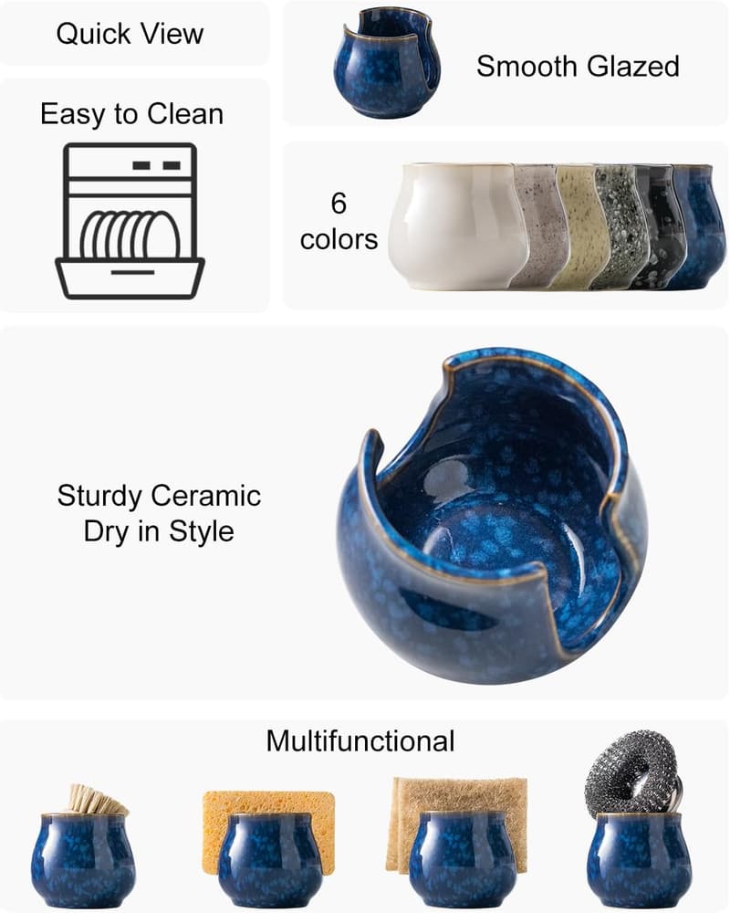 Ceramic Kitchen Sink Sponge Holder – Blue Scrubby Organizer