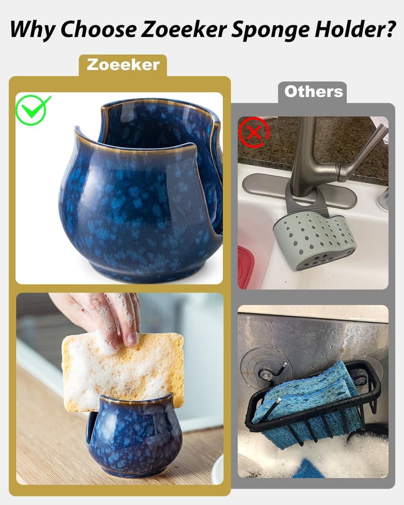 Ceramic Kitchen Sink Sponge Holder – Blue Scrubby Organizer