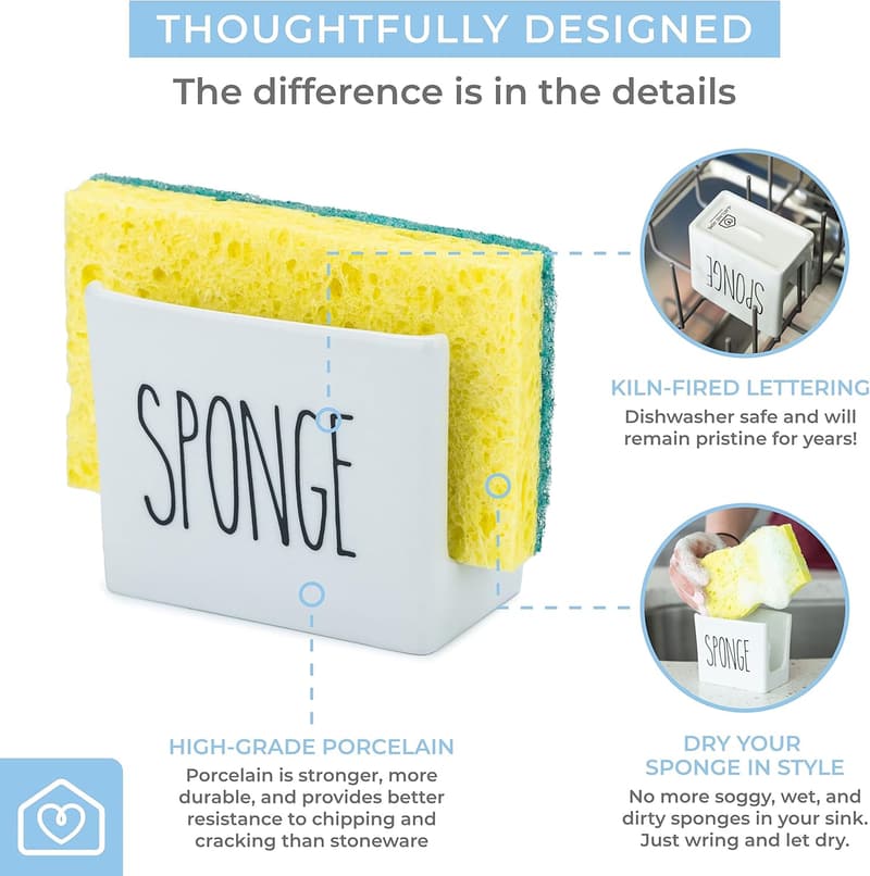 Porcelain Kitchen Sponge Holder – Cute Black and White Caddy