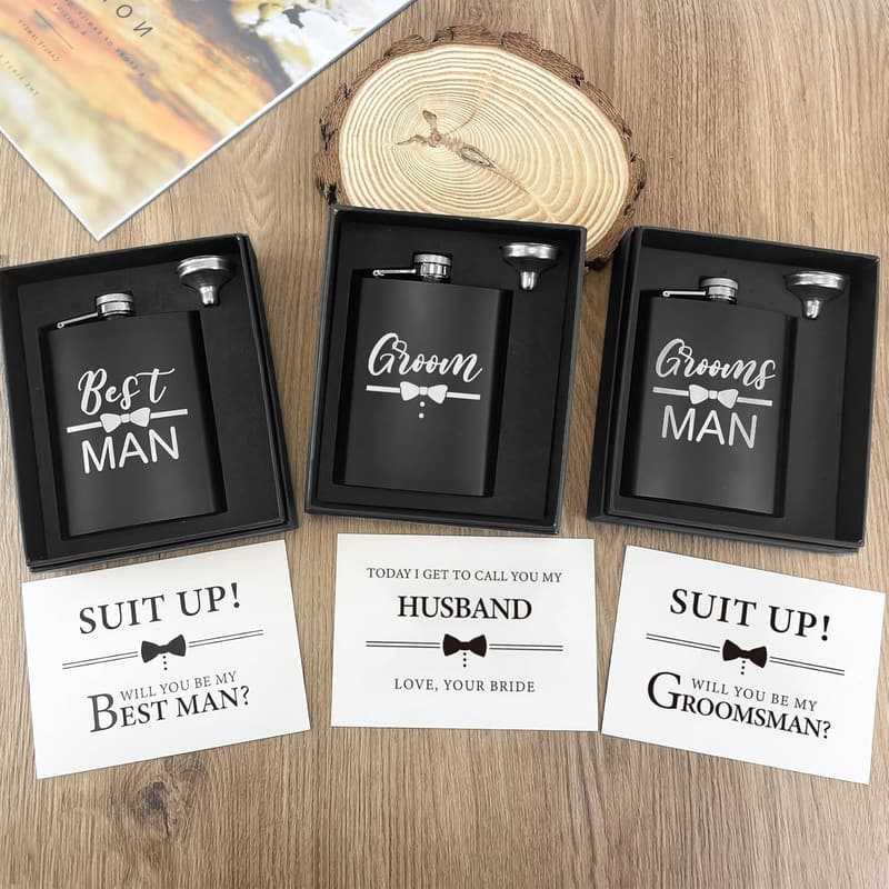 Groomsman Gift Set: 6 Stainless Steel Flasks for Weddings