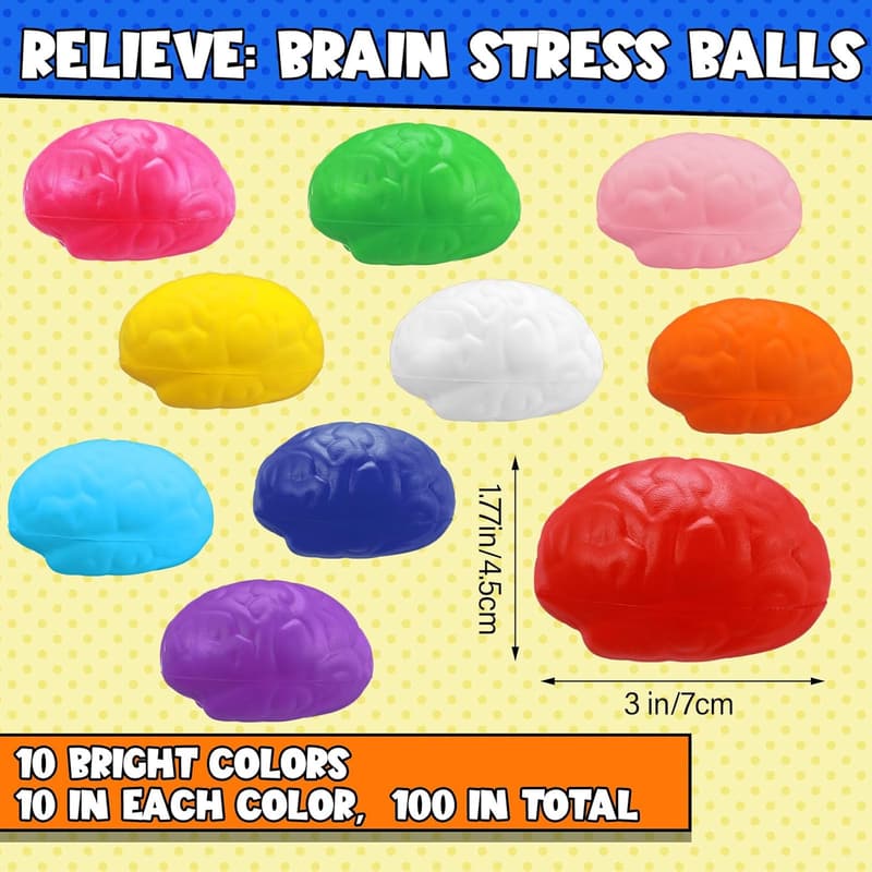 Halloween Brain Stress Ball Set - 100 Pcs PU Grip Toys
