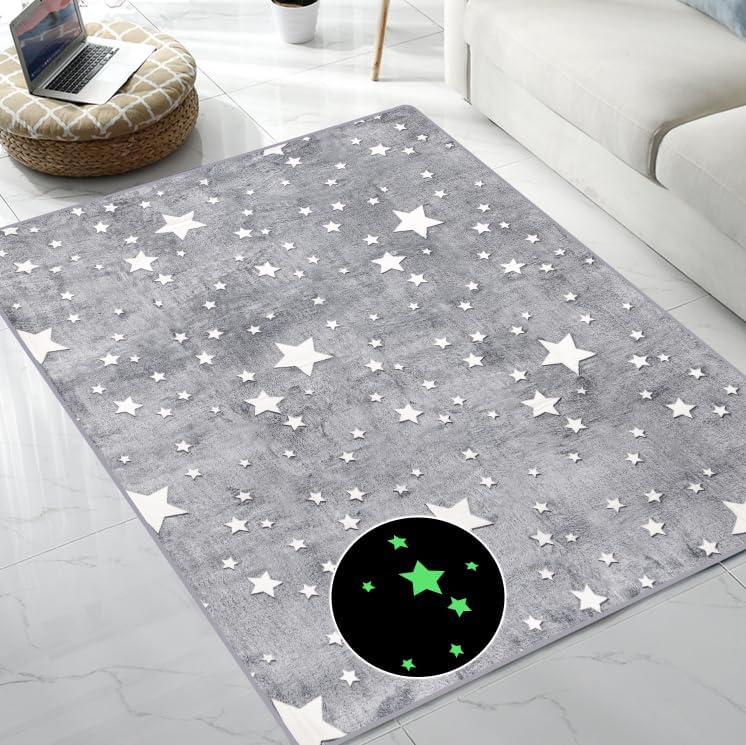 Glow-in-the-Dark Star Area Rug for Kids’ Room - 5'x6' Rectangular Mat