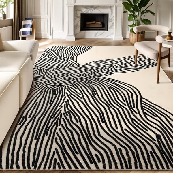 Washable 8x10 Ft Non-Shedding Striped Area Rug - Black & White