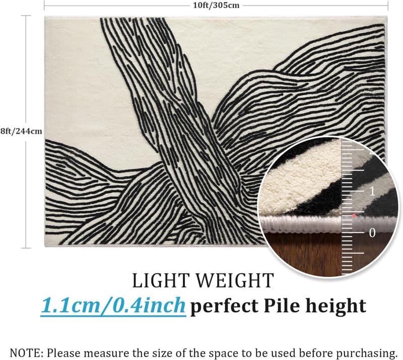 Washable 8x10 Ft Non-Shedding Striped Area Rug - Black & White