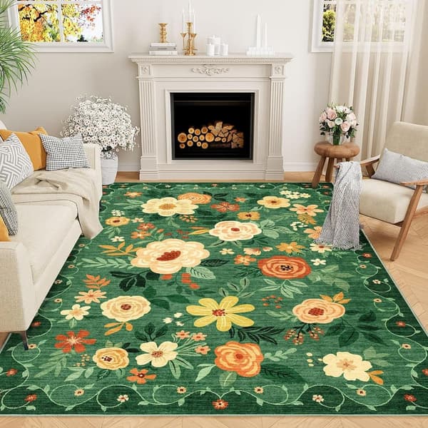 Floral Area Rug, Lightweight Non-Slip, Boho Design, 5x7 ft.
