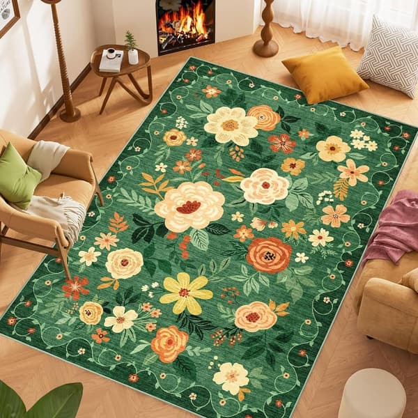 Floral Area Rug, Lightweight Non-Slip, Boho Design, 5x7 ft.