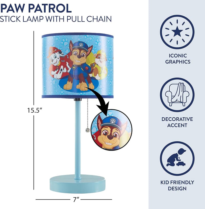Paw Patrol Kids Table Lamp with Pull Chain - Chase, Rubble & Marshall