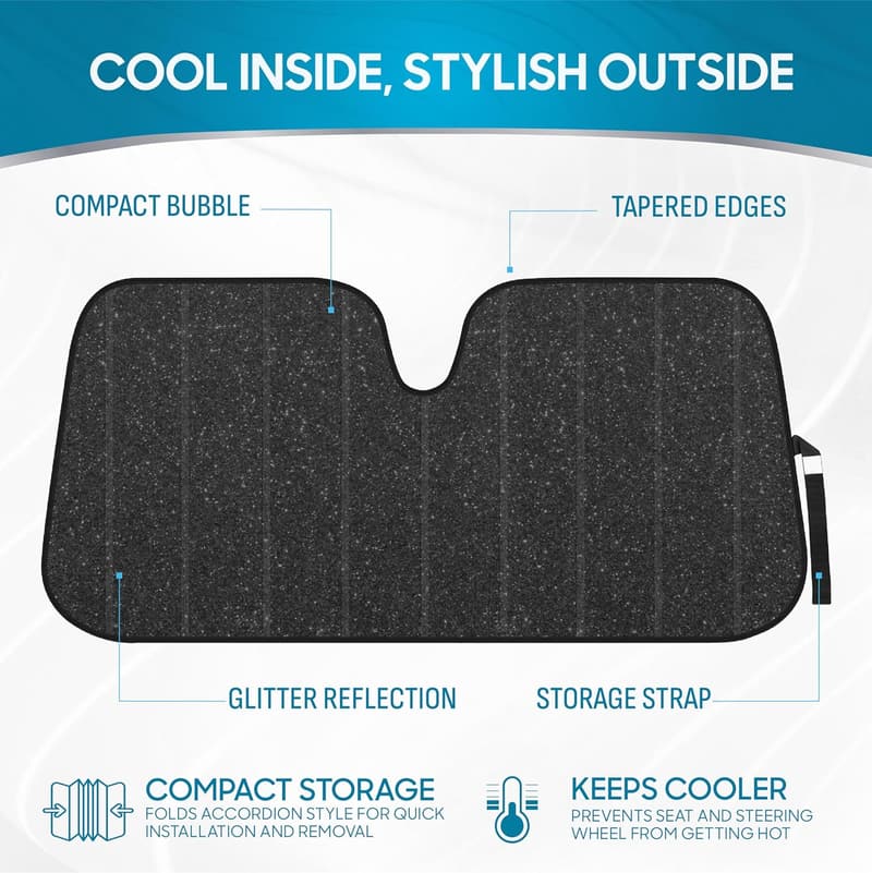 Auto Sunshade - Accordion Folding UV Blocker - 57 x 27 Inch, Black Glitter
