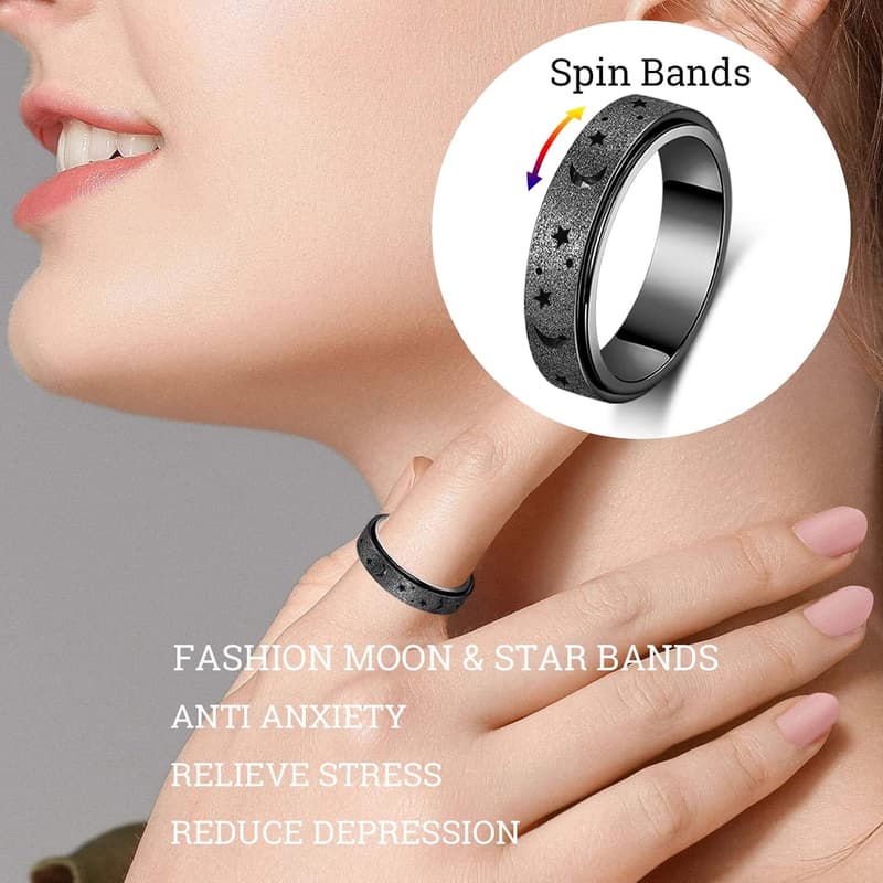 Anxiety Spinner Ring for Women & Men - Stainless Steel Moon Star