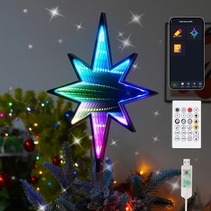 Smart Christmas Tree Topper Star with Remote & Music Sync