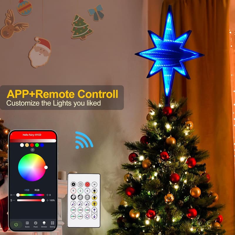 Smart Christmas Tree Topper Star with Remote & Music Sync