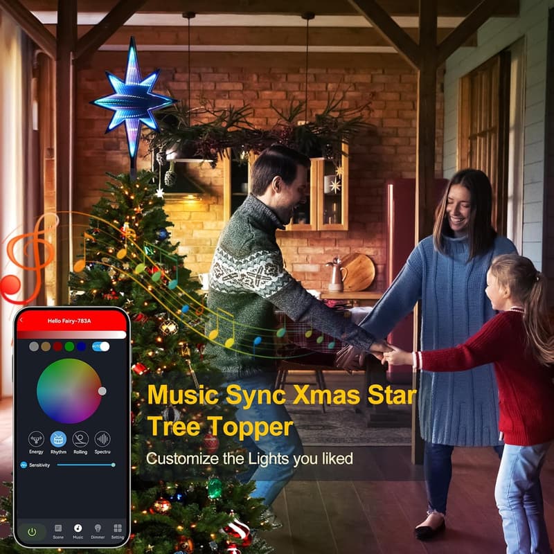 Smart Christmas Tree Topper Star with Remote & Music Sync
