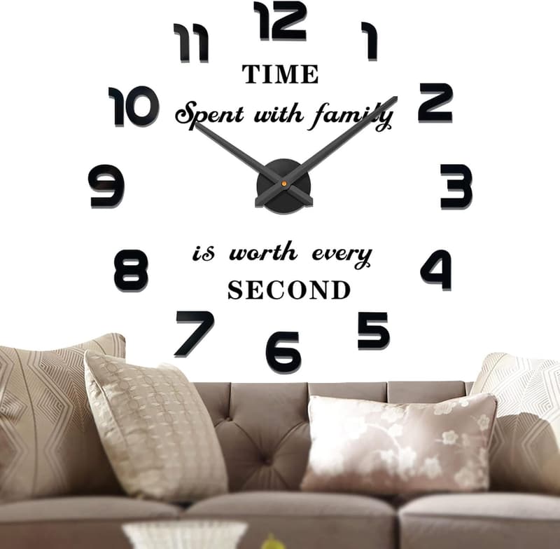 Large Black Wall Clock for Living Room Decor, Battery Operated