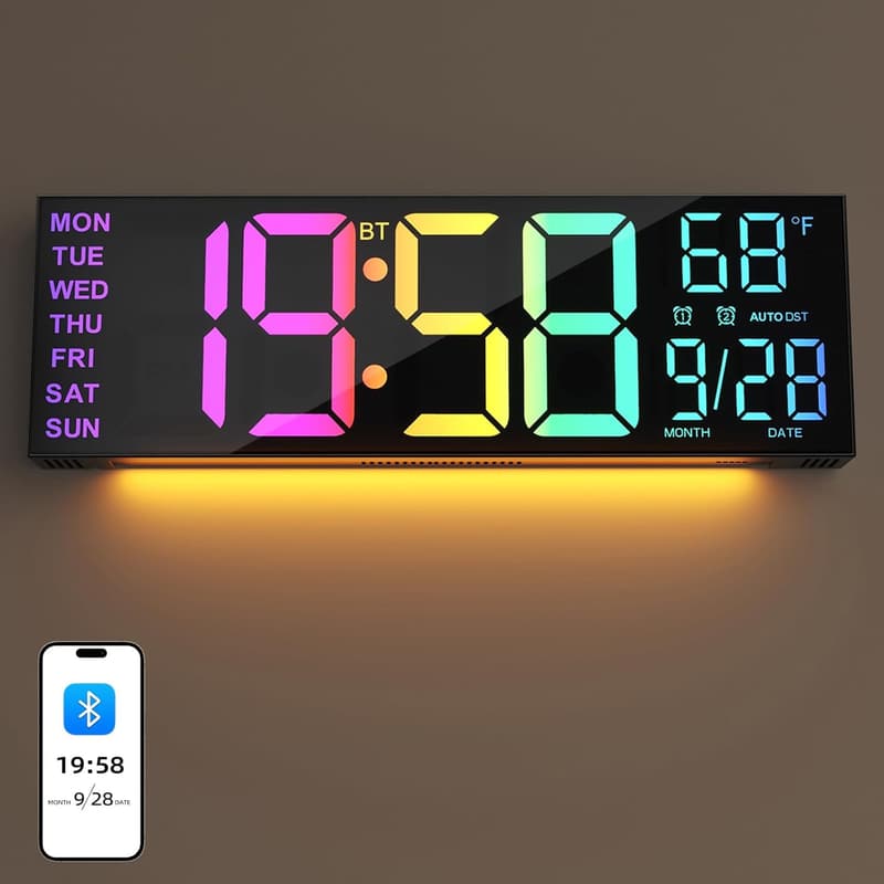 Large RGB Digital Wall Clock with Remote Control and Auto Sync