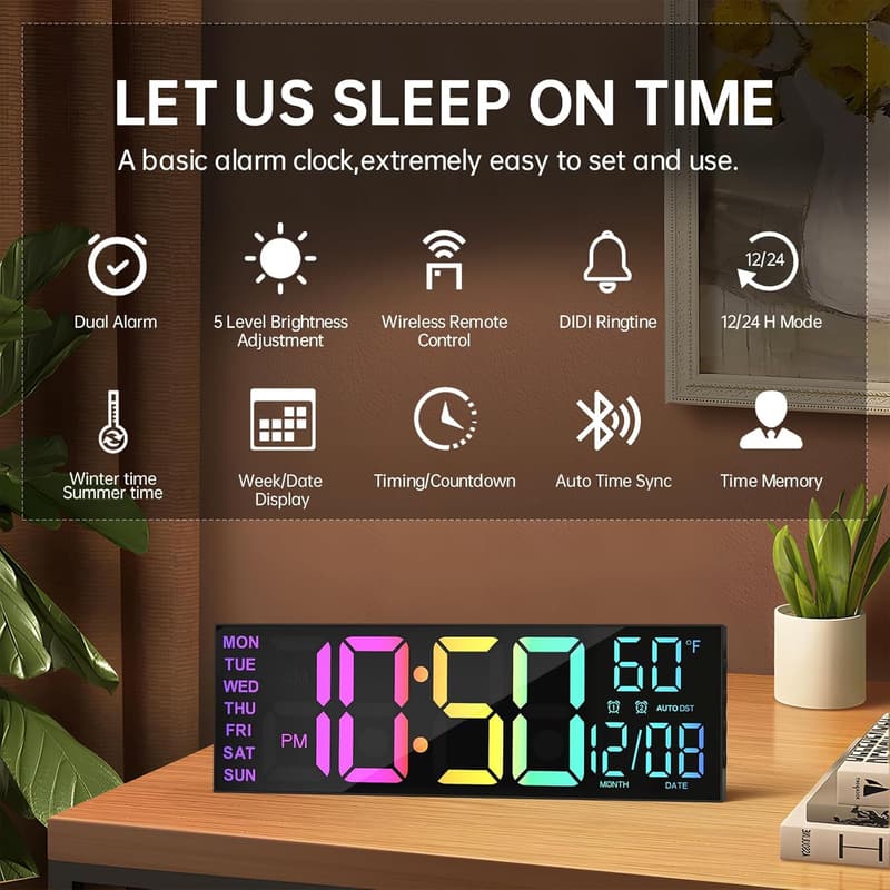Large RGB Digital Wall Clock with Remote Control and Auto Sync