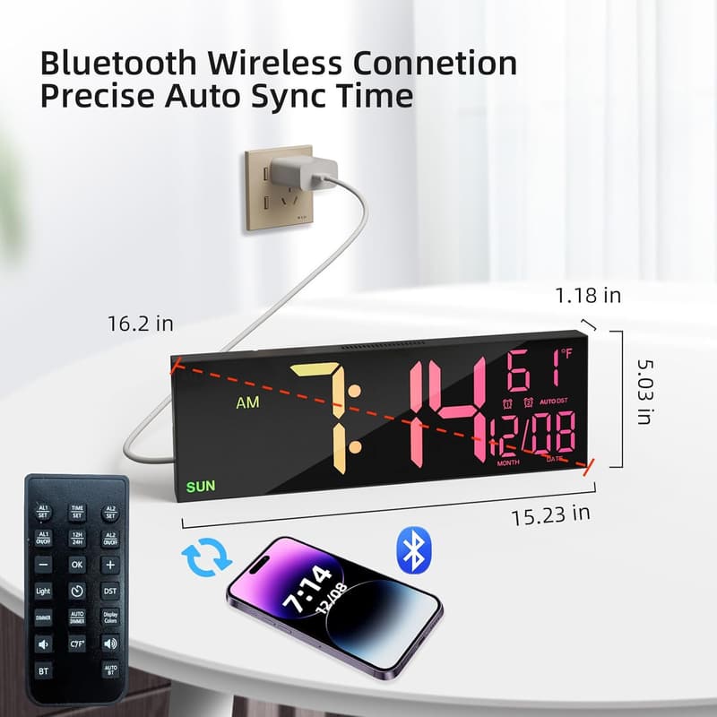 Large RGB Digital Wall Clock with Remote Control and Auto Sync