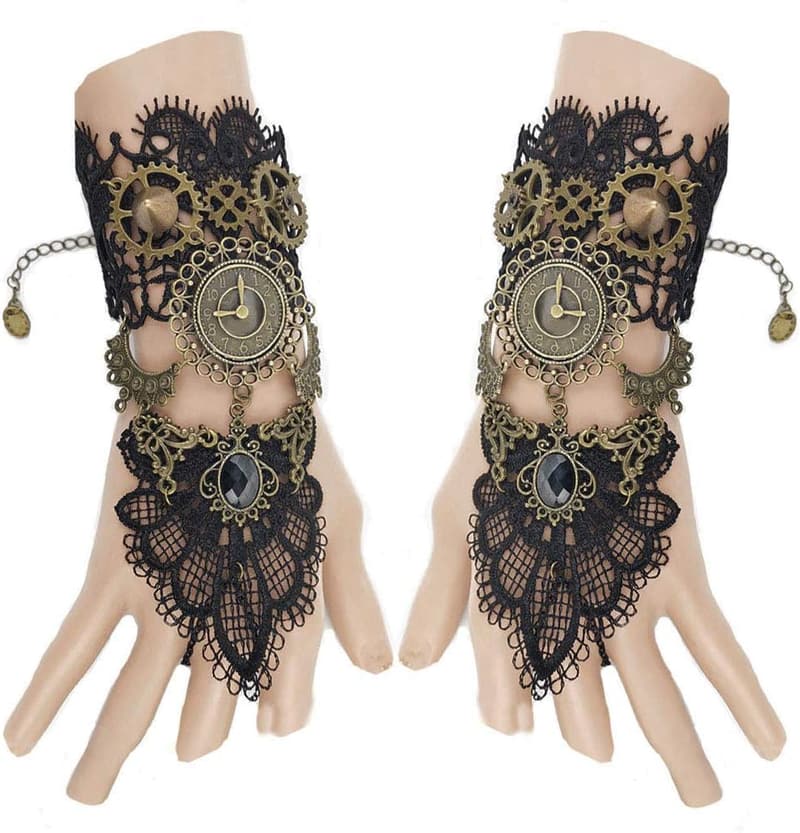 Gothic Floral Lace Fingerless Gloves with Vintage Clock Gear