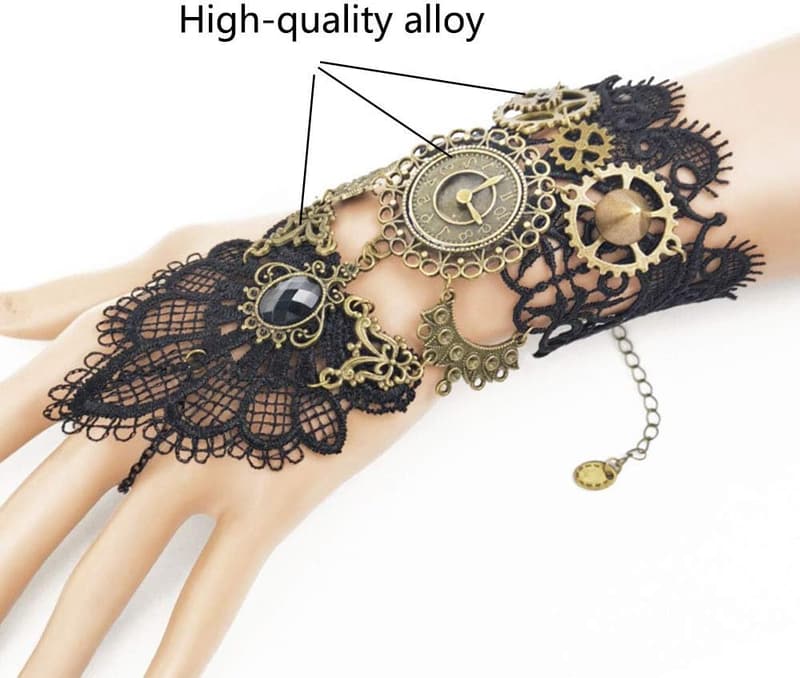 Gothic Floral Lace Fingerless Gloves with Vintage Clock Gear