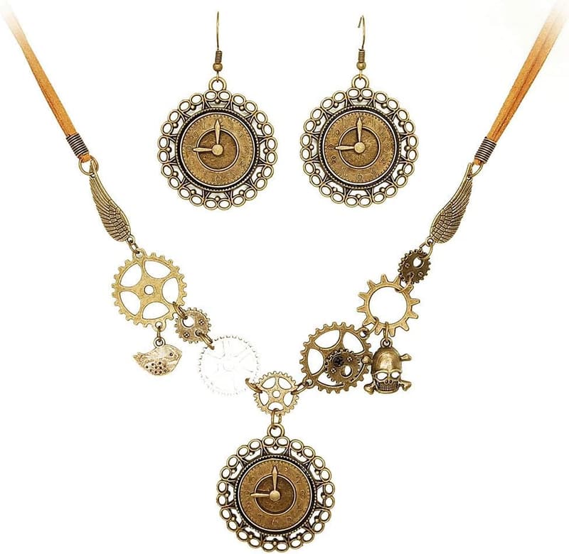 Vintage Steampunk Gear Pendant Necklace & Earring Set