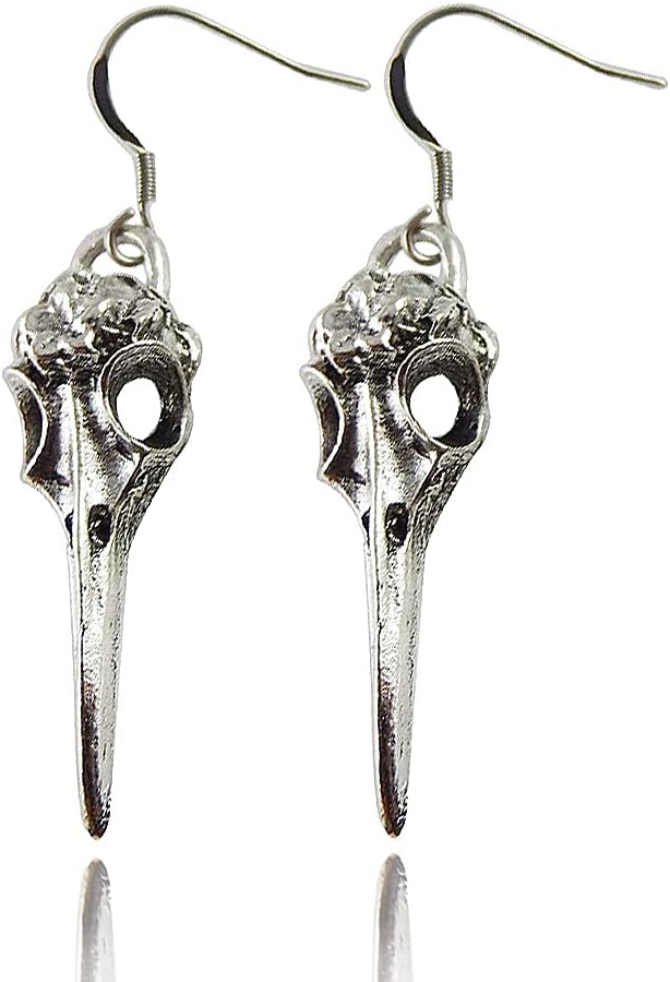 Gothic Halloween Silver Crow Skull Dangle Earrings Set